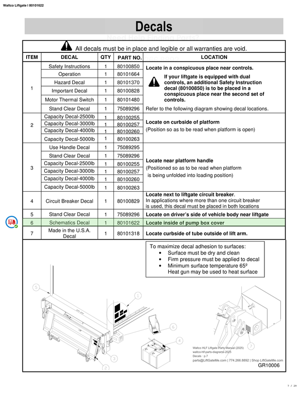 Waltco Liftgate | 80101622 — Decals · p.7 (Waltco HLF Parts Manual)