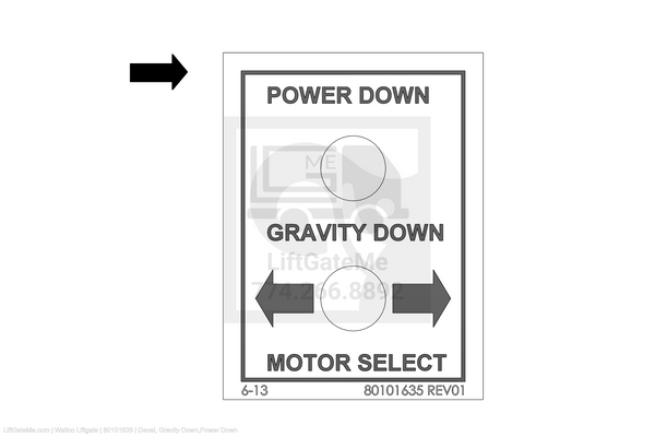 This is an image for a Waltco liftgate Decal, Gravity Down,Power Down