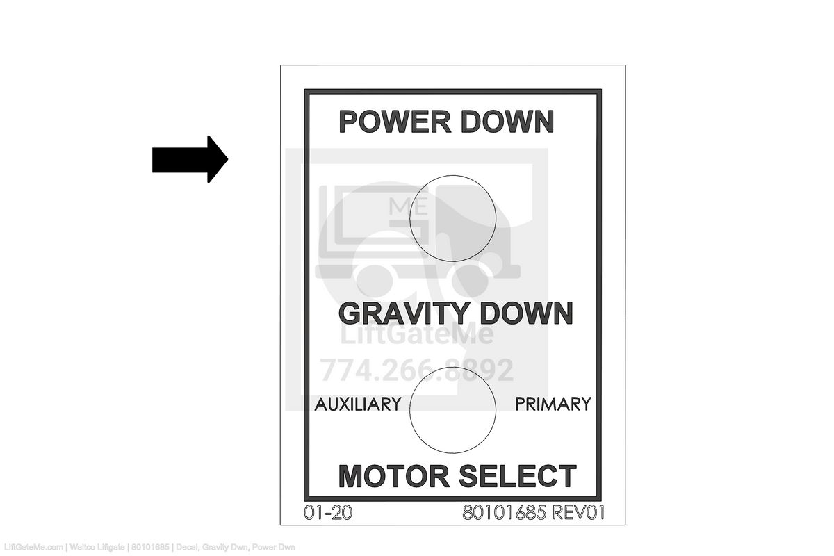 This is an image for a Waltco liftgate Decal, Gravity Dwn, Power Dwn