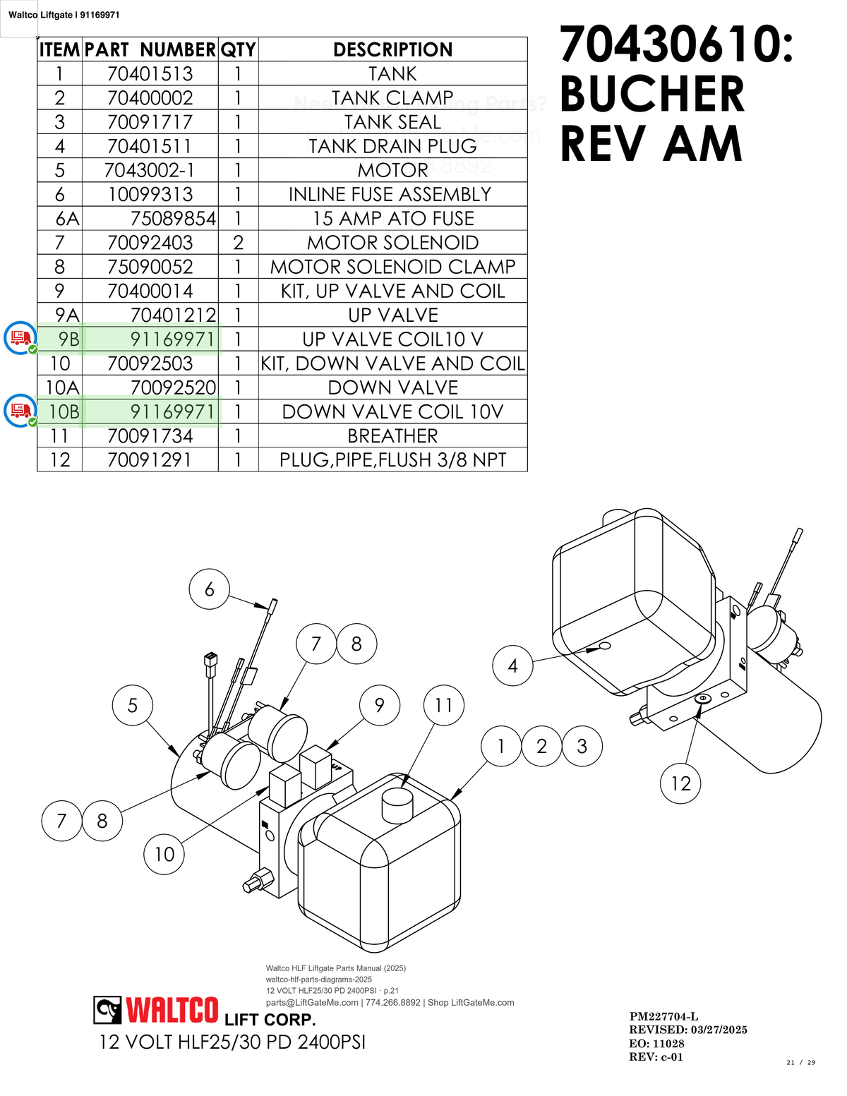 Waltco Liftgate | 91169971 — 12 VOLT HLF25/30 PD 2400PSI · p.21 (Waltco HLF Parts Manual)