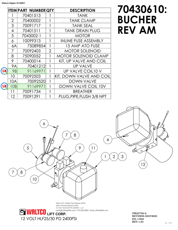 Waltco Liftgate | 91169971 — 12 VOLT HLF25/30 PD 2400PSI · p.21 (Waltco HLF Parts Manual)