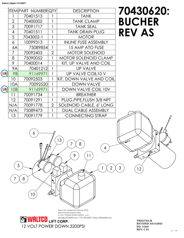 Waltco Liftgate | 91169971 — 12 VOLT POWER DOWN 3200PSI · p.23 (Waltco HLF Parts Manual)